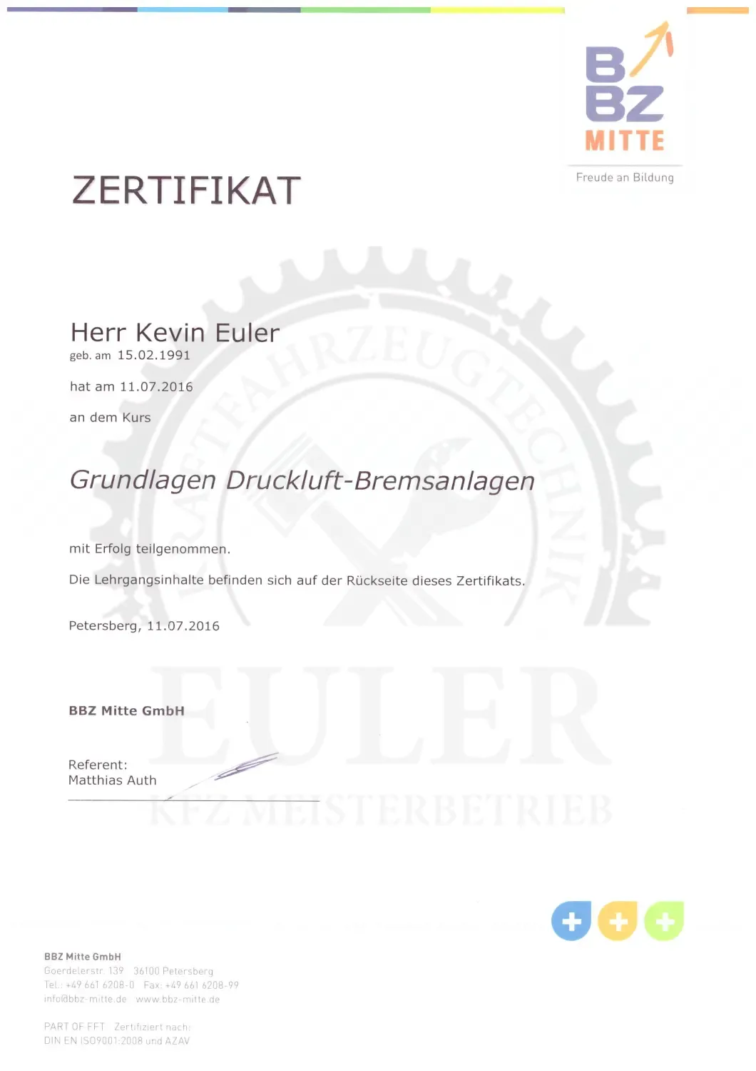 EULER KFZ MEISTERBETRIEB - Kfz-Meisterwerkstatt - Zertifikat