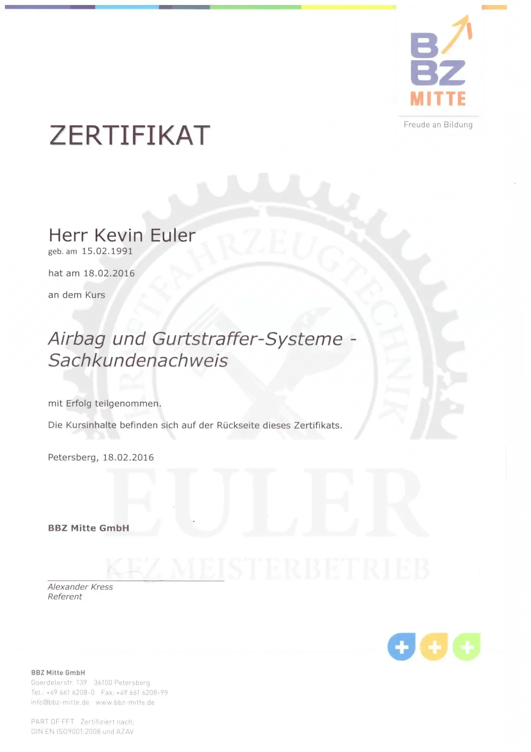 EULER KFZ MEISTERBETRIEB - Kfz-Meisterwerkstatt - Zertifikat