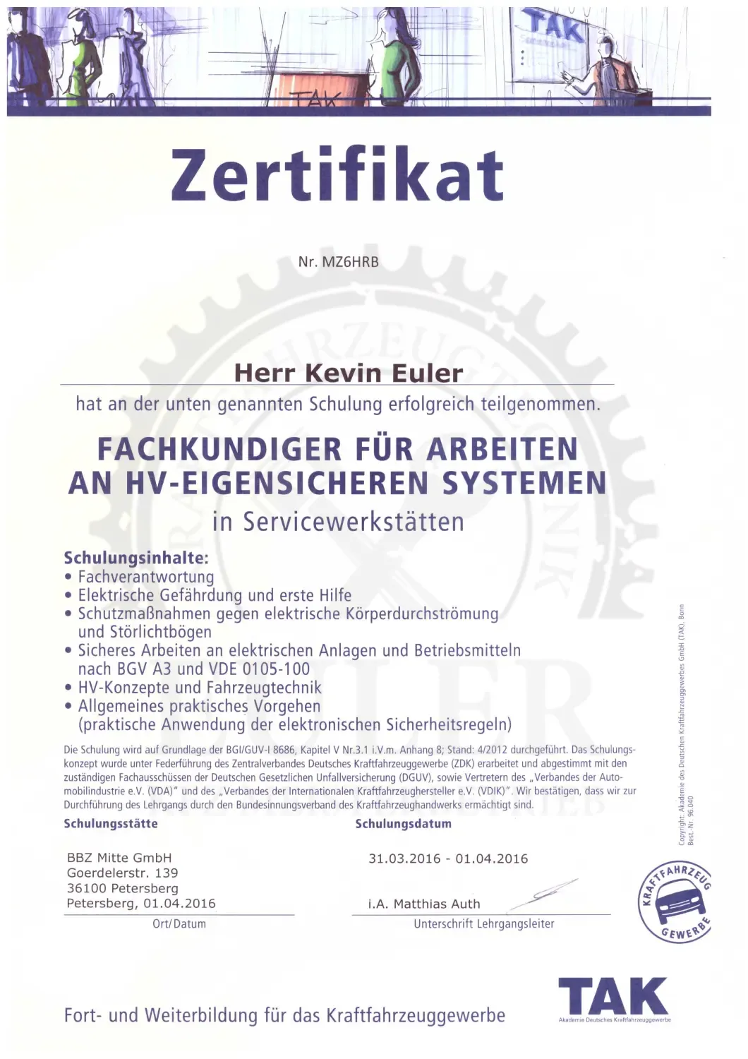 EULER KFZ MEISTERBETRIEB - Kfz-Meisterwerkstatt - Zertifikat