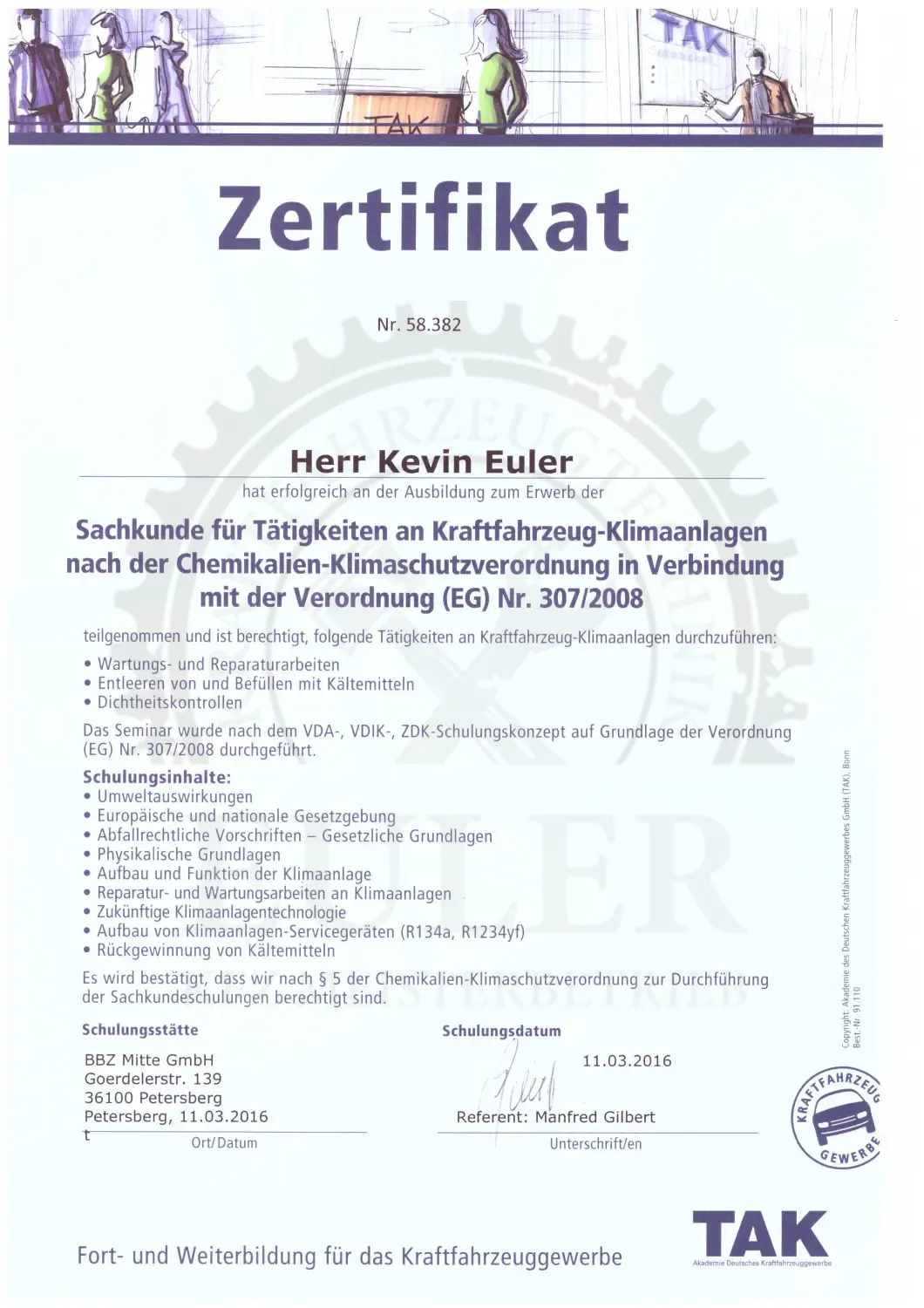 EULER KFZ MEISTERBETRIEB - Kfz-Meisterwerkstatt - Zertifikat